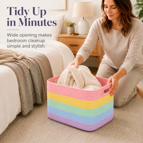 Image of 22.8GAL Extra Large Collapsible Laundry Basket for Dirty Clothes,Shoes, Sturdy Portable Aesthetic Boho Heavy Duty Wicker Hamper for Living Room Thow Pillows Blankets Storage Organizer,Rainbow Pastel