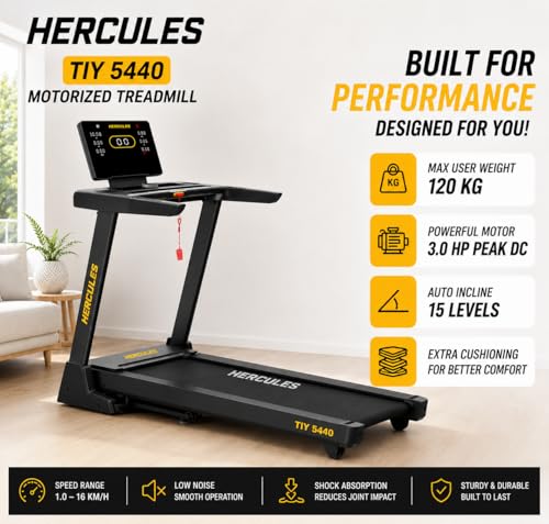 Image of Hercules TIY5440 DC Motor Treadmill, 15 Level Auto Incline, 16 km /h Speed, 130kg User Capacity