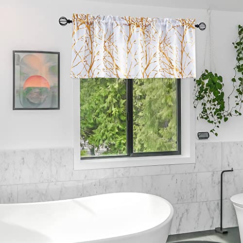 Fmfunctex Valance Curtains For Living-Room Window White Gold Metallic Tree Branch Blackout Window Valances 50" W X 18" Long 1 Pc Rod Pocket #TOP6