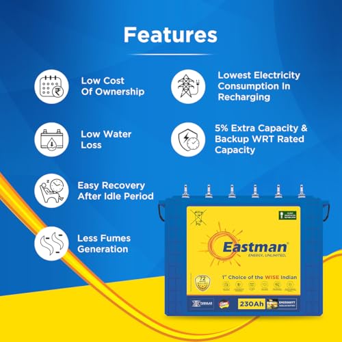 Image of Eastman EM23060TT | Tall Tubular | 230 AH Inverter Battery |Warranty 72 (36+36) Months for Home & Office