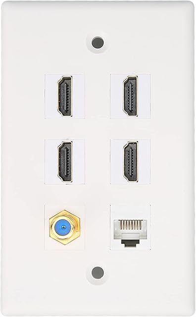 ASHATA 6 Port HDMI Coax Ethernet Wall Plate, 4 HDMI Ports, RJ45 Ethernet Network Coaxial and TV F Head Port Media Wall Outlet Plates, Compatible with Cat5 Cat5e Cat6 Cable