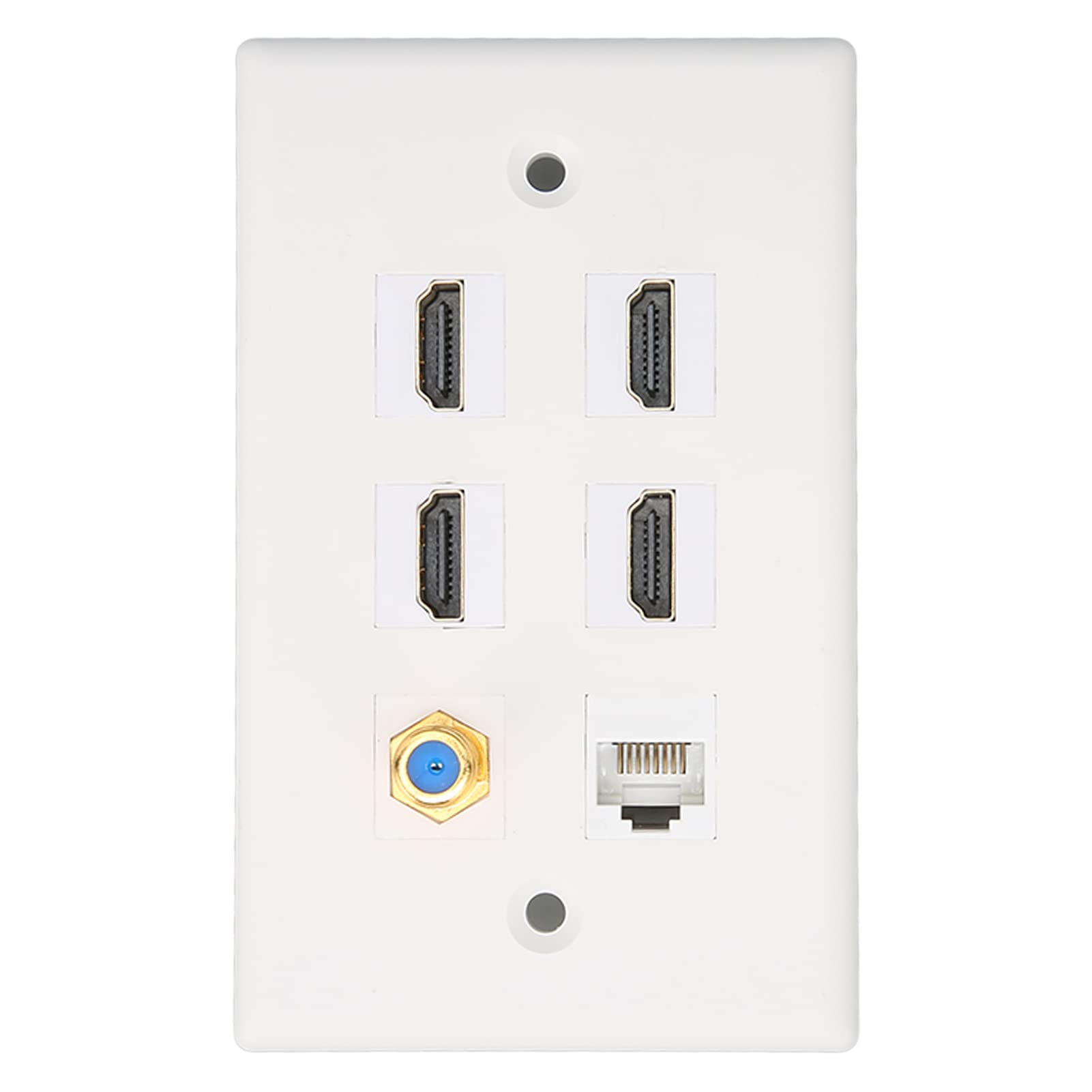 ASHATA Placa de Pared Ethernet Coaxial HDMI de 6 Puertos, 4 Puertos HDMI, Coaxial de Red Ethernet RJ45 Y Placas de Salida de Pared de Puerto de Cabeza de TV F, Compatible con Cable Cat5 Cat5e Cat6