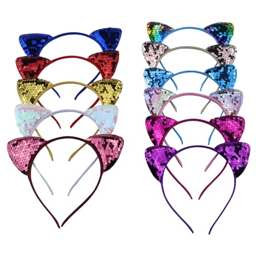 JRSHIRLEYLTD 11 aros de pelo de gato com purpurpurina, orelhas de gato, conjunto de bandoletes de metal com orelhas de gato, bandoletes com lantejoulas, bandoletes para meninas, acessórios para o