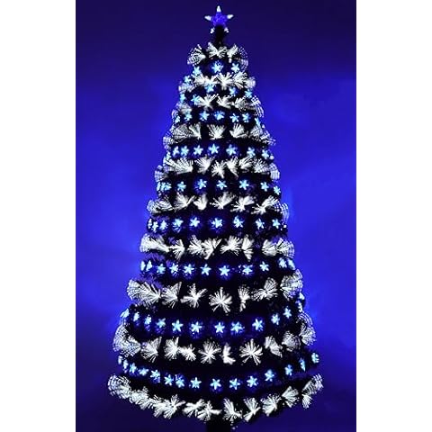 Asinse 6ft Pre-Lit Fiber Optic Artificial Christmas Tree with 250 Blue&White LED Lights, 110 Transparent Stars, Optical Fiber Xmas Tree for Home, Office, Party Decoration, Holiday Décor Centerpiece Cover