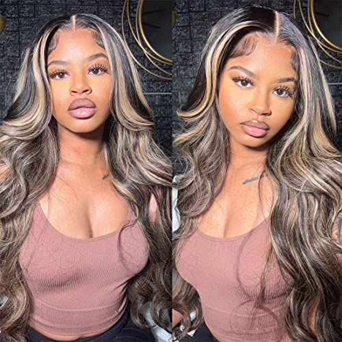 Rina Highlight Ombre 13X4 Hd Lace Front Wigs Human Hair Balayage Highlight Human Hair Wigs Pre Plucked Body Wave Colored Blonde Highlight Frontal Wigs With Baby Hair 150% Density 30 Inch #TOP4