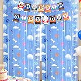 Cartoon Dog Happy Birthday Banner with 2 Foil Fringe Curtains, Rescue Dog Themed Party Backdrop Decorations for Boys Kids Birthday Photo Booth