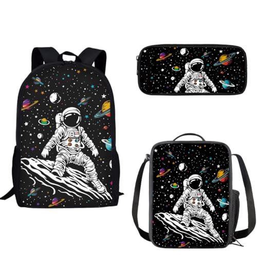 Sac à dos d'école pour garçons avec boîte à déjeuner et trousse, motif astronaute pour primaire