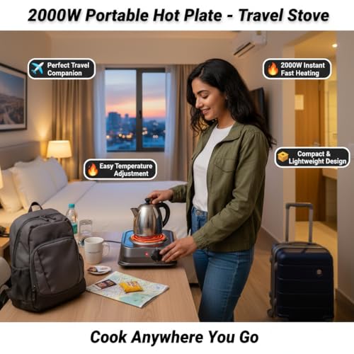 Image of Drumstone 2000W Electric Hot Plate Single Burner | Fast Heating Coil Cooktop with Adjustable Temperature Control | Portable Cooking Stove for Hostel, PG, Office, Travel & Home