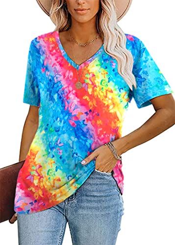 Womens Tie Dye Shirts Butterfly Color Gradient Print V Neck Tshirt Summer Casual Rainbow Short Sleeve Tee Tops2