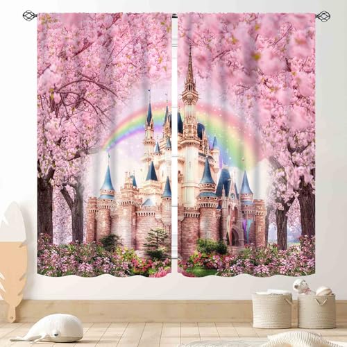 Princess Curtains, Magic Castle Pink Cherry Floral Blossom Fantasy World