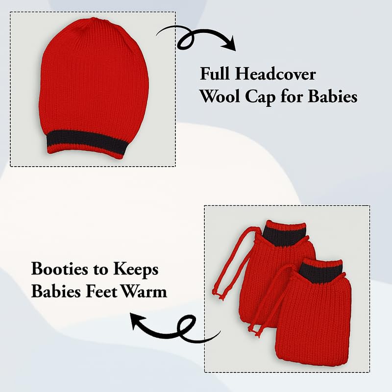 Image of Baby Unisex New Born Baby Boys Girls Soft Comfortable Trendy Woolen Round Neck Stripe Sweater Set with Payjami, Cap and Pair of Booties for Toddlers
