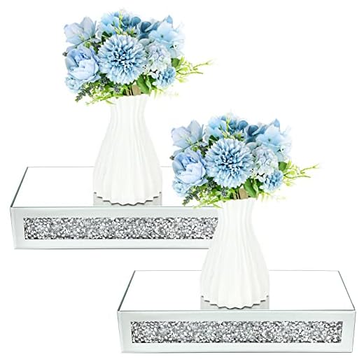 2 Pieces Mirrored Floating Wall Shelf Crushed Diamond Crystals Wall Rack Silver Glass Shelves Decorative Hanging Mirror Shelf Display Ledge of Trophy and Photo Frame for Home Bathroom Living Room
