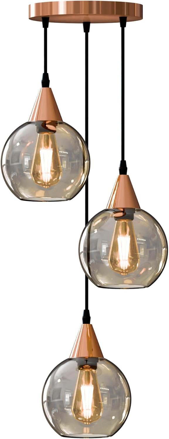 LEDSone Vintage 3 Head Pendant Light Glass Height Adjustable E27 Base Retro Industrial Globe Glass Ball Light Shade Ceiling Light Fitting Coffee Shop Bar Kitchen (Rose Gold 2, with Bulb)