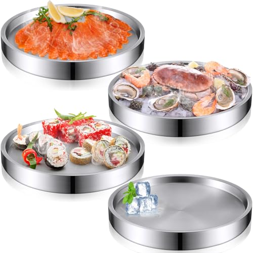 Image of LemonRoad 4 Pcs 11 Inch Chilled Serving Trays Shrimp Cocktail Serving Dish for Parties Buffets Multiple Guests, Stainless Steel Ice Tray for Chilled Dip Appetizer(Silver)