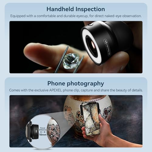 Image of APEXEL 120X Phone Microscope Lens, Jewelers Loupe Magnifier with Eyecup /Illuminated LED Light /Universal Clip, Compatible with iPhone /Android Gems, Jewelry, Coins, Portable Mini Pocket Microscope