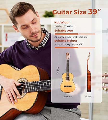 Image of Vangoa Classical Guitar, 39 Inch Nylon String Acoustic Guitar Brown, Full Size Kids Spanish Guitar With Solid Cedar Top And Sapele Back, With Gig Bag, Pedal, Guitar Tuner, Strap, Capo, Spare Strings