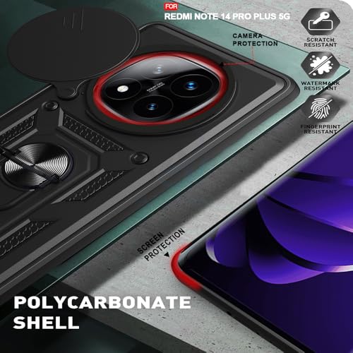 Image of AESTMO Tough Armor Redmi Note 14 Pro Plus 5G Bumper Back Case Cover | Ring Holder & Sliding Camera Shield Cover | 360 Degree Protection Back Case Cover for Redmi Note 14 Pro Plus 5G (Black)