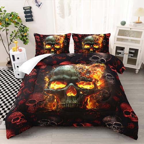 AILONEN Fire Skull Bedding Set Full Size, 3D Skeleton Comforter Set Bedroom Decor Men,Fiery Style Black Tint Soft Breathable Bed in a Bag,3 Pieces,1 Quilt and 2 Pillowcases
