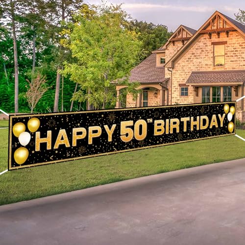50th Birthday Decorations for Men Women - 10ft Black Gold 50th Party Decorations - Durable Yard Fence Wall Sign & Photo Booth Backdrop - Happy 50th Birthday Banner (118 x 20)