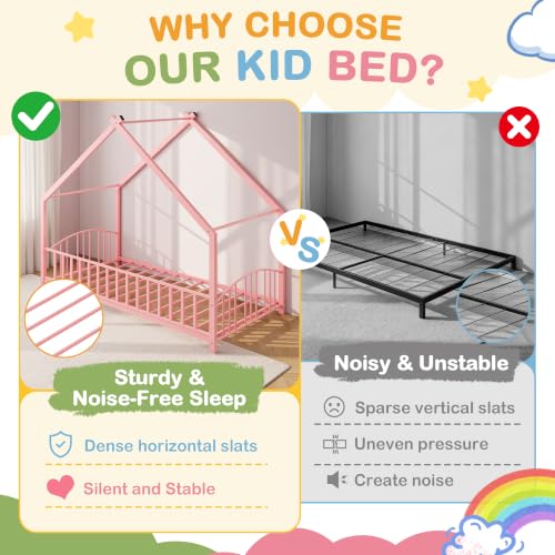 Image of Garvee Twin Size House Shape Bed Frame with Rail, Pink