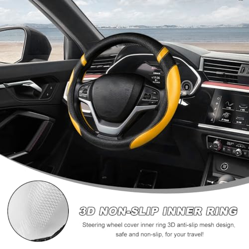 Image of Car Steering Wheel Cover, 15 Inch Premium Leather Breathable Non-Slip Wheels Wrap, Universal Auto Comfortable Steering Wheel Protector for SUV Truck Van, Car Accessories (Yellow)