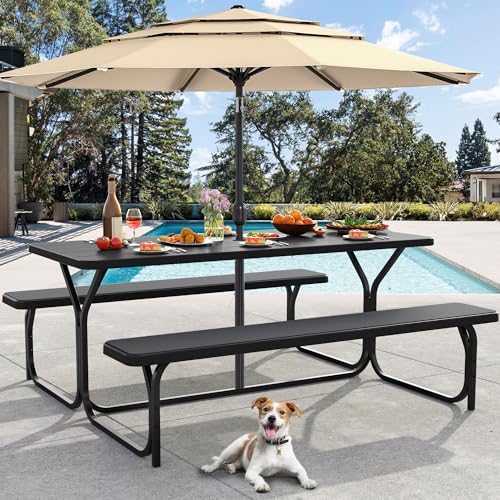 DWVO 6FT Picnic Table, Heavy Duty Outdoor Picnic Table and Bench w/Umbrella Hole, Resin Tabletop & Stable Steel Frame Ideal for Yard Patio Lawn Party, Black