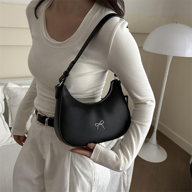Women PU Underarm Bag with Zipper Bowknot Handbag Solid Color Leather Shoulder Bag Half Moon Bag for Vacation Travel Commuting3