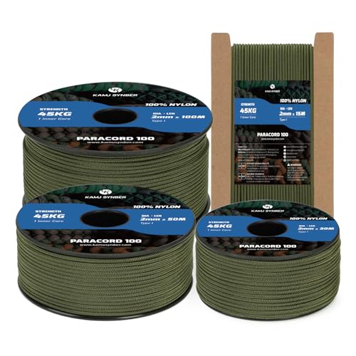 Kamu Synber 2mm Paracord 15M 100% Nylon 1 Hebra Cuerda Paracord Tipo I para Supervivencia, Exteriores, Bricolaje | Soporta 45kg | Verde Militar