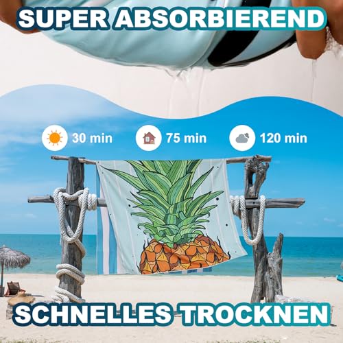 Lorymachy Mikrofaser Strandtuch - 180x100 cm Strandtuch XXL, 250GSM Schnelltrocknendes Badetuch Strand, Hautverträglich Beach Towel für Strand, Ausgestattet mit Aufbewahrungstasche(Ananas)