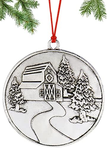2022 Solid Pewter Metal Christmas Tree Ornament - Hanging Decorations for Party Home Holiday, Christmas Decor Gifts with Red Rope for Friends Family (Barn)