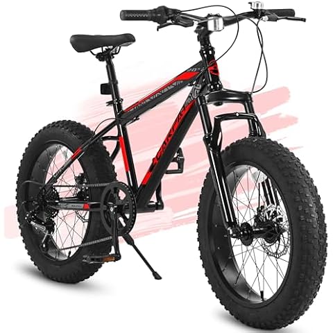 ECARPATEYE S20109 20 Inch Kids Bike, 4" Inch Fat Tire Mountain Bike, 7 Speed Teenager Children Kids' Bicycles, Front Suspension Disc Brake, 14 Inch Height Steel Frame (Black+Red) Cover