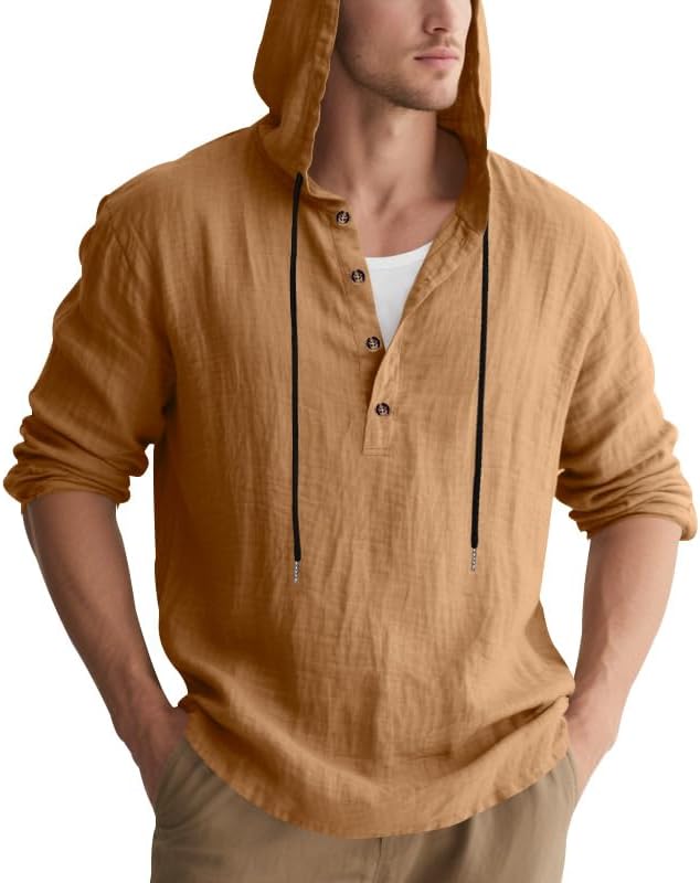 LIZALIG Men's Cotton-Linen Sweatshirt 1/2 Button Hooded Solid Color Casual Sweatshirts for Vacation and Daily Wear - Image 2