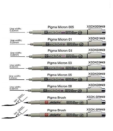 sakura ESPACEBEAUXARTS Pigma Micron Tutto Nero 8 pennini Set, 005,01,02,03,05,08, Brush (manga Set)