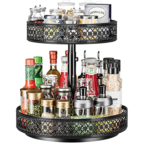 Lazy Susan Organizer 2 Tier – Turntable Spice Rack 12 inch Adjustable Metal Rotating Lazy Susan for Cabinet Pantry Kitchen Countertop Dining Table Cupboard Bathroom Vanity Storage Black