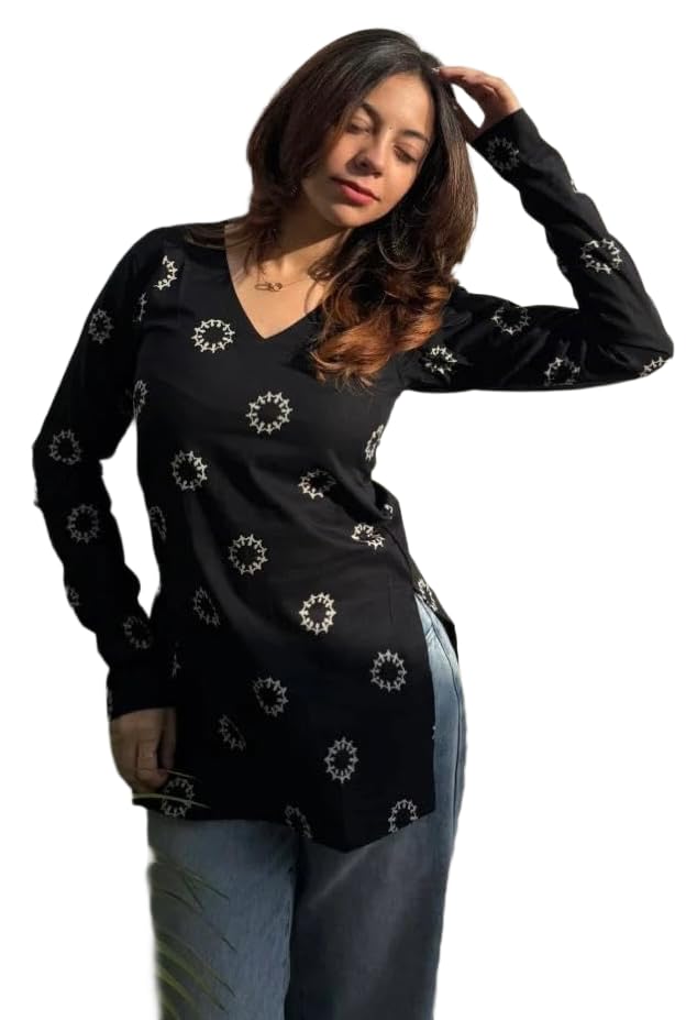 Image of FELISIA Women's Rayon Floral Printed Full Sleeves V-Neck Short Kurti, Bell Sleeves, Short Kurti for Woman, Stylish Ethnic Top, Daily Casual Western & Office wear