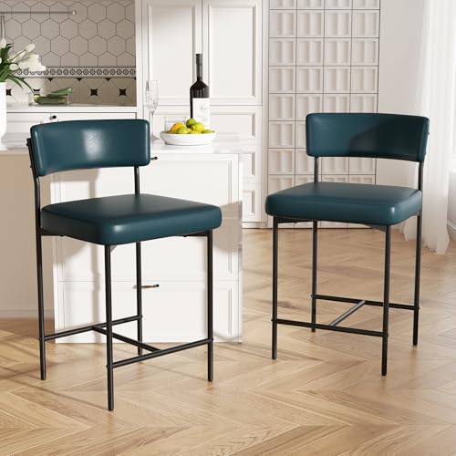Image of Bar Stools Set of 2, Faux Leather Counter Height Barstools with Curved Back, 25 Inch Upholstered Bar Chairs, Modern Counter Stools for Kitchen lsland, Dark Blue