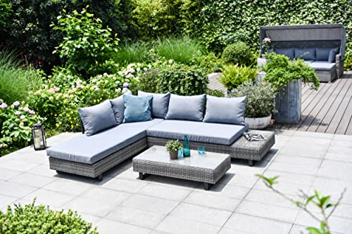 GSD St Lucia Corner Sofa Sun lounger Rattan Wicker Luxury Garden Set - In Grey w/Grey/Blue Cushions