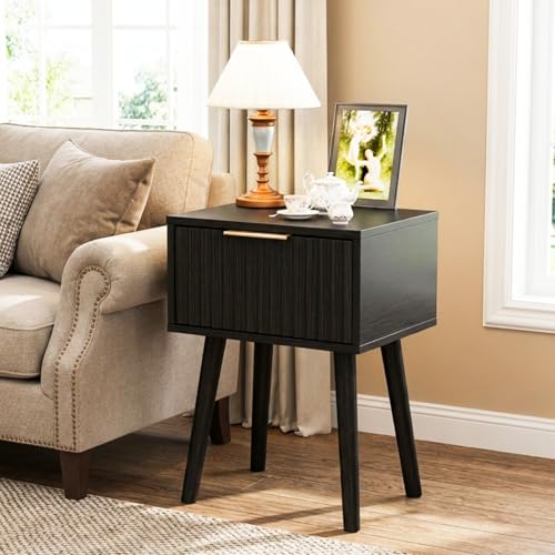 Image of VINGLI Night Stand Set 2, Fluted Nightstands with Drawer, Mid Century Modern Nightstands Set of 2, Bedside Table, End Table, Wood Nightstand for Bedroom, Black, 15.75 inch W*11.81 inch D*21.85 inch H