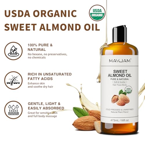 MAYJAM Süßes Mandelöl Bio 473ML, Körperöl Mandelöl Kaltgepresst Reines Natürliches Trägeröl für Haut Haare, Hautöl Reparatur und Pflege, USDA Organic Sweet Almond Oil für Massage