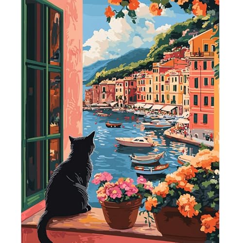 NEWENMO Gato Negro Pintar por Numeros Kit,Vista al Mar Pintura por Numeros Adultos,DIY Flores Paint by Numbers Kits,con Pinceles,Pigmento Acrílico,para Decoración de Hogar(40x50cm,Sin Marco)