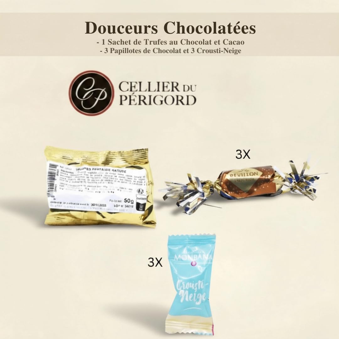 Cellier du Périgord Panier Gourmand Colis de Noël 2 Vins AOP | Colis de Noël : foie gras, terrines, plat du terroir, desserts + 2 vins AOP Côtes de Bergerac et carte de vœux