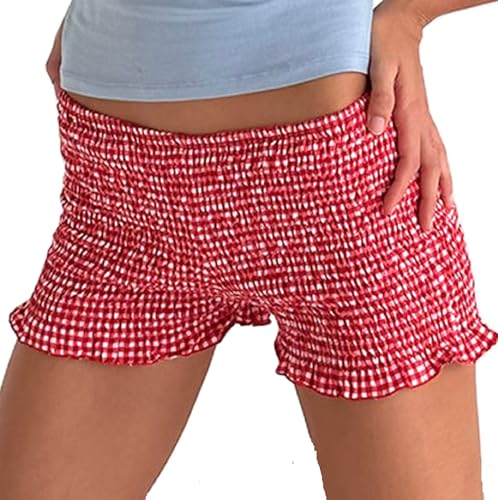 NUFIWI Women Gingham Boy Shorts Smocked Plaid Bloomers Cute Frill Ruffle Sexy Micro Shorts Bottoms Y2k Pettipants