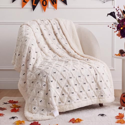 Remagr Halloween Sherpa Throw Blanket 3D Ghost Pumpkin Blanket Double-Sided Thick Soft Plush Fluffy Spooky Halloween Decoration for Couch Bed Sofa Holiday Party Gifts 50 x 60 (Cream White Ghost)