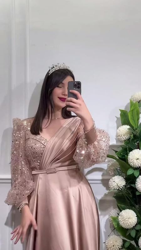 Prom Dresses for Women Satin Long Sleeves Puffy Formal Bridesmaid Dresses Sparkly Sequin Formal Evening Party Gowns3