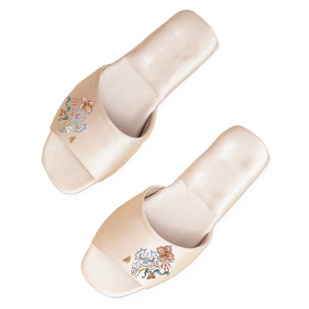 ZNEL Mujer Patrón Floral Bordado Punta Abierta Pantuflas Planas De Raso Zapatos De Casa Suela Antideslizante Zapatillas(40/41 EU, Gold)