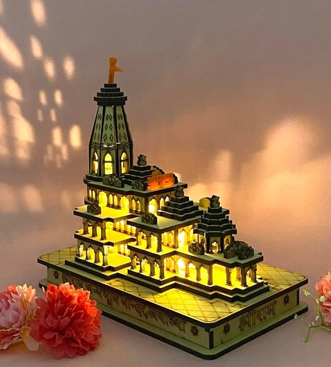 Goelite Ram Mandir Ayodhya Wooden Temple Model 6 Inches Decorative Statue with Light Ideal for Home Décor and Gifting