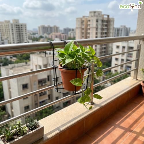 Image of ecofynd 1 Pack Round Metal Hanging Flower Pot Stand For Railing planters, Gamla stand Pot Holder for Balcony decoration items outdoor, Plant stands for balcony, Flower pot stand indoor (Black, PS028)