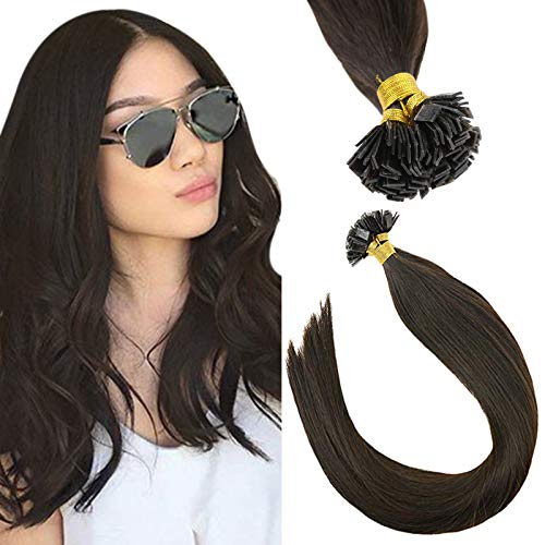 VeSunny Keratin Tip Hair Extensions Human Hair Flat Tip Color 16inch #2 Darkest Brown Brazilian Prebonded Hair Extensions Human Hair 1G/Strands 50g
