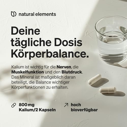 natural elements Kalium – 240 Kapseln mit 800 mg elementarem Kalium (aus Kaliumcitrat) pro Tagesdosis – für Blutdruck, Muskelfunktion & Nervensystem – vegan, hochdosiert, ohne Zusätze 3