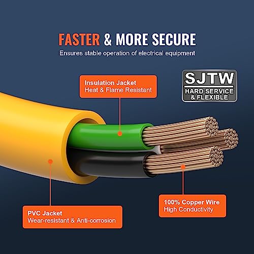 VEVOR LA530PA/LA052E 30-Amp Extension 25 Feet, 125V 3750W Heavy Duty Outdoor Cord, L5-30P / Three NEMA 5-15R STJW Flexible Power Cable with Twist Lock Connectors, for Generators, Black - Image 4